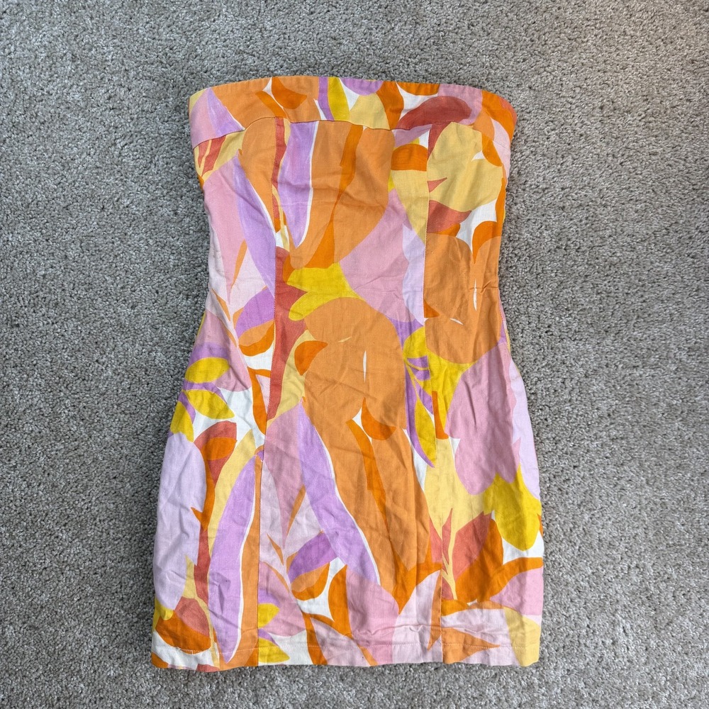 Peppermayo Dress Womens 4 Multicolor Floral Strapless Linen Bodycon Mini